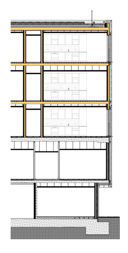 Detail section drawing of the hybrid timber structure.