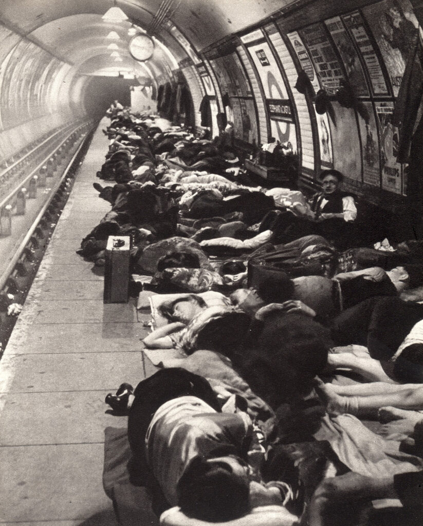 Londoners sheltering at Elephant and Castle tube station during the Blitz.